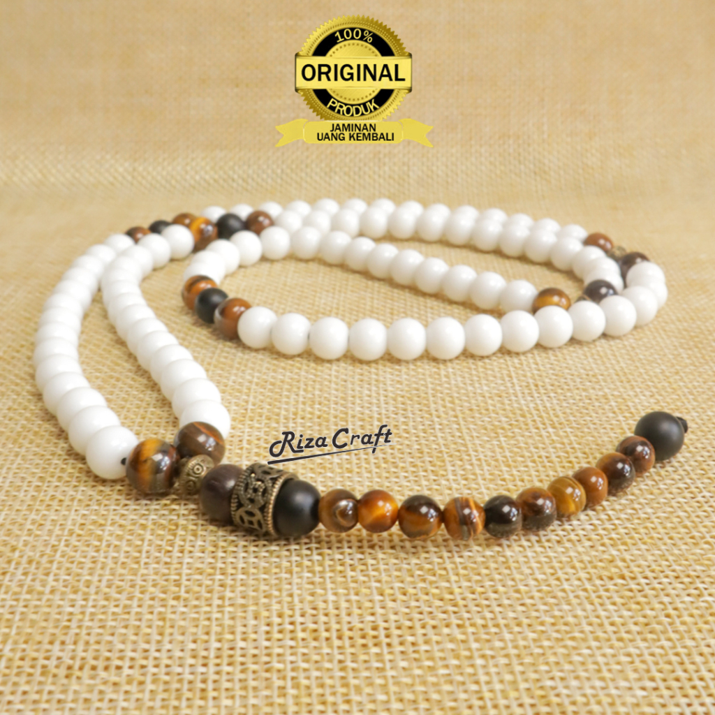 GOLDEN WHITE JADE Tasbih Batu Giok Putih 99 Butir Akik Alam Kristal Kristal Mewah by Rizacraft