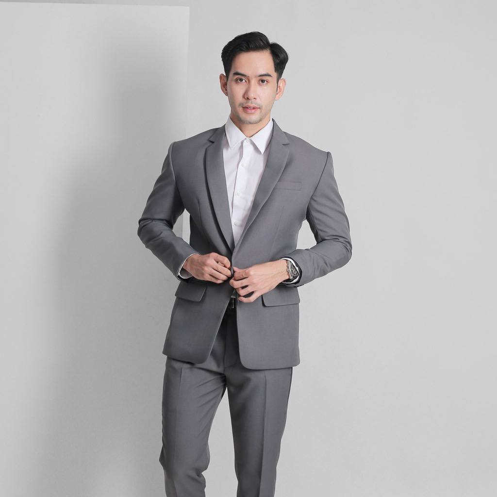 Stelan Jas & Celana Abu Tua Premium Bahan Woll Galiano