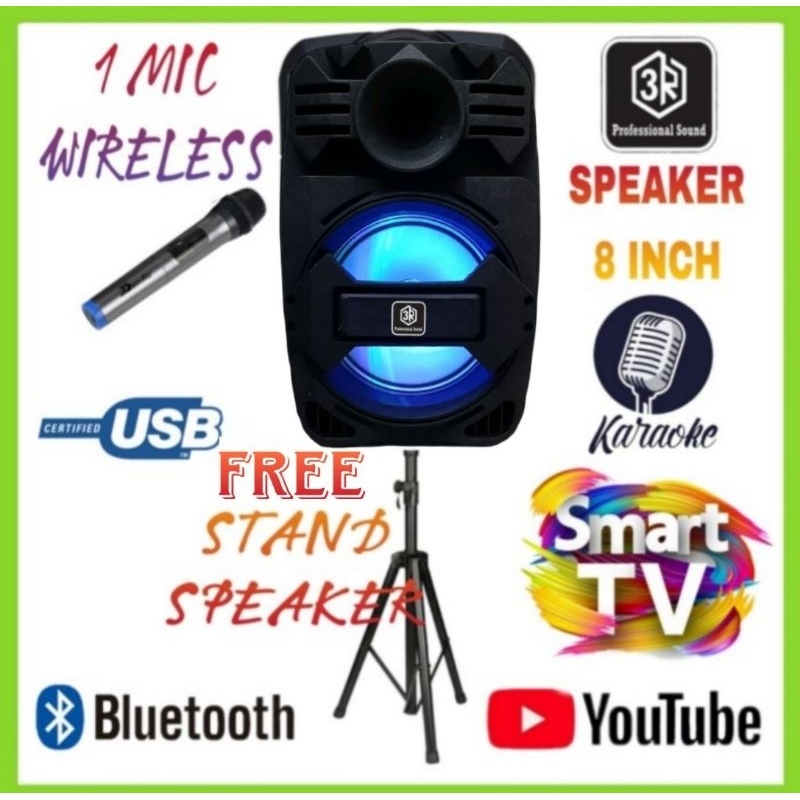 Speaker Portable 3R 8 Inch Karaoke Smart Tv Youtube + Stand Speaker
