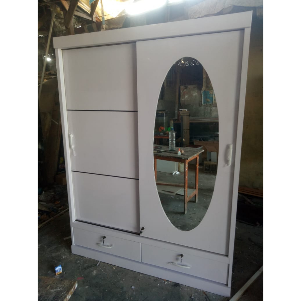 LEMARI PAKAIAN KAYU 2 PINTU SLIDING+CERMIN FINISHING HPL