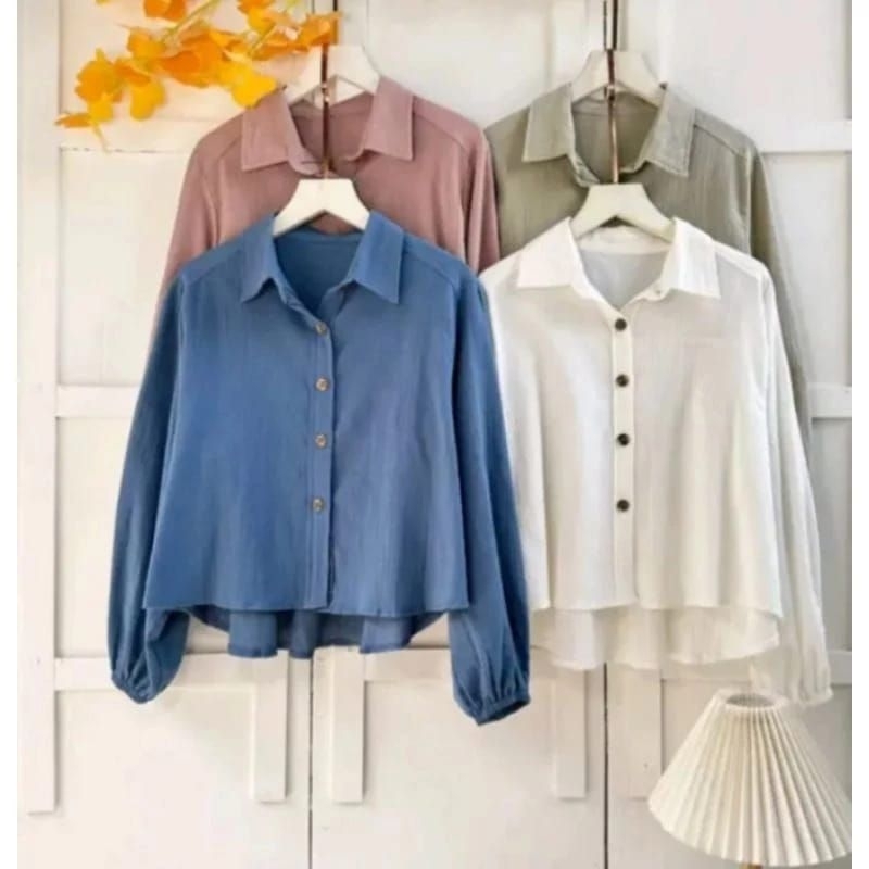 Kemeja Crinkle Wanita Crop Lengan Balon/Blus polos wanita kekinian terbaru