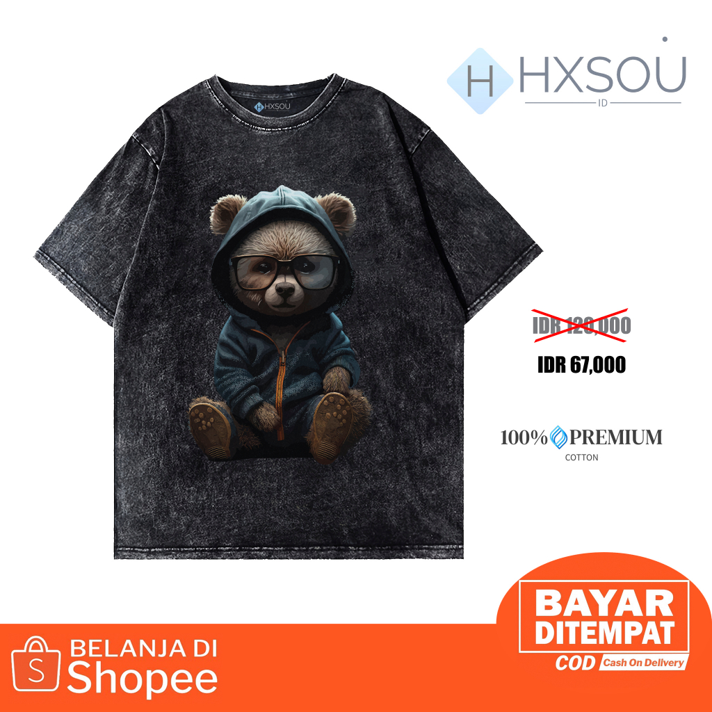 Hxsou Baju Kaos Oversize Unisex Washed Bear C14