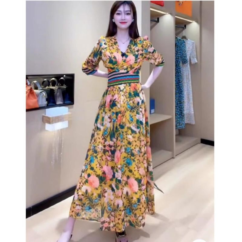 12690 Baju mididress WRAP VNECK FLORAL MIDI DRESS kuning dres Korea Korean style wanita premium impo