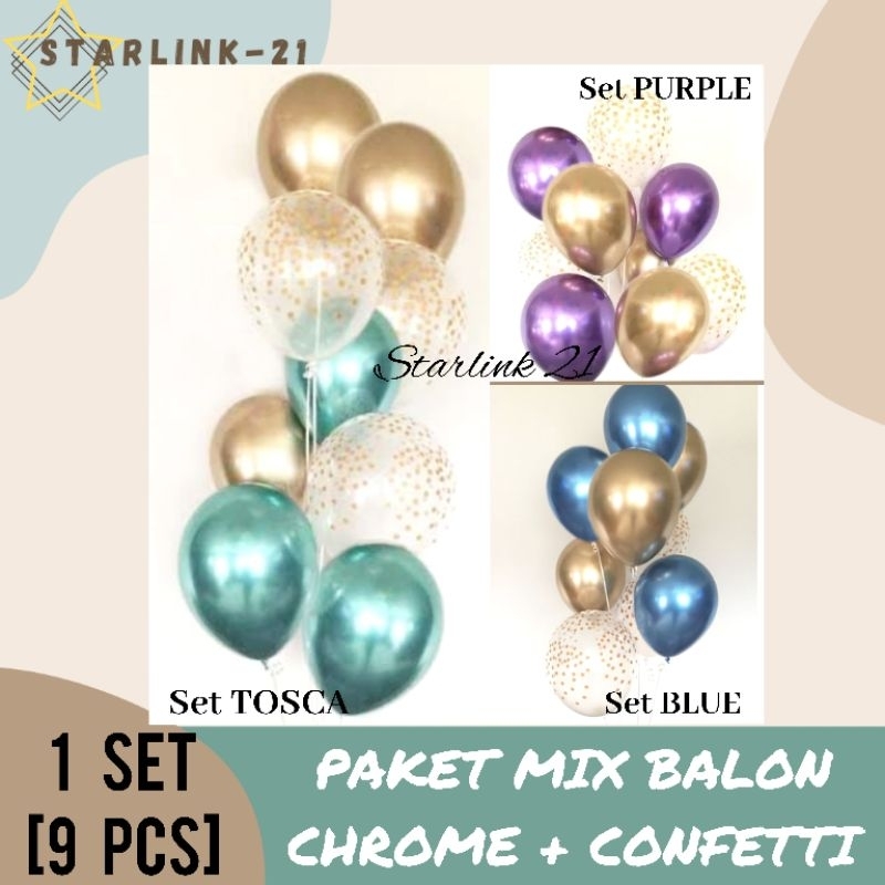 [9 PCS] PAKET MIX BALON CHROME GOLD + CONFETTI | Paket Balon Ultah Aqiqah