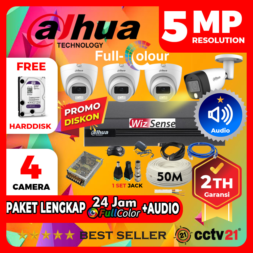 Paket Lengkap 4 Camera cctv 5MP ColorVu Audio DAHUA Full Color 24Jam Selalu Berwarna Harga Promo cct
