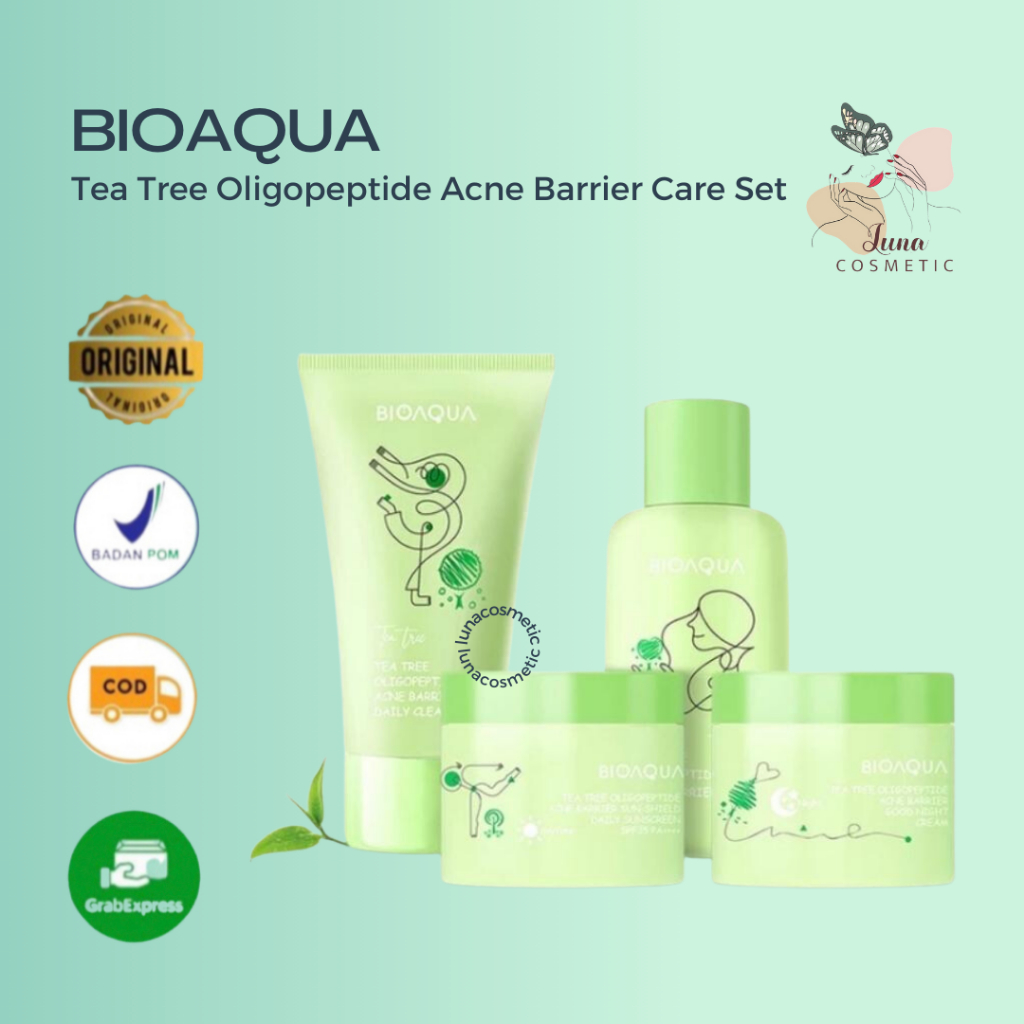 BIOAQUA 4pcs Skincare Paket Tea Tree Oligopeptide Acne Set With Cleanser / Toner / Sunscreen / Night