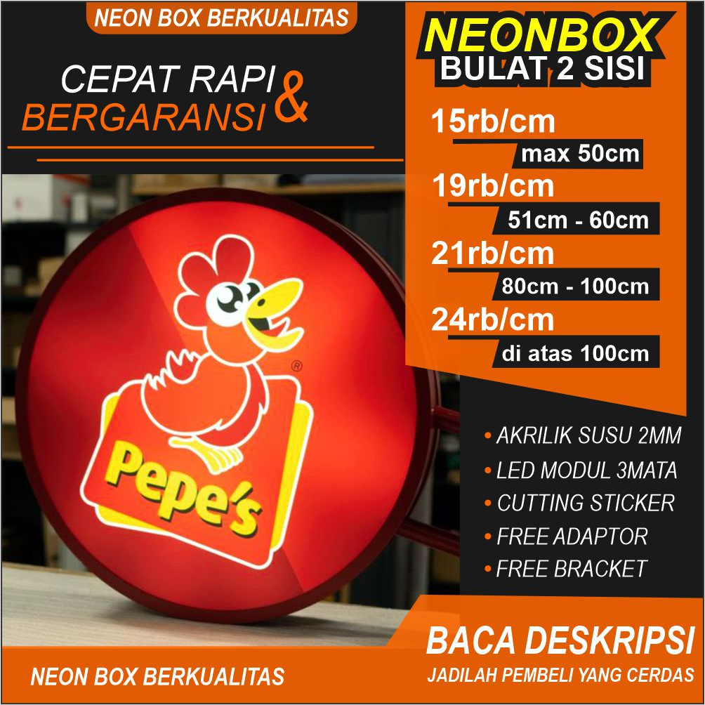 Plang Nama Toko/Usaha NEONBOX Lampu Led Bulat/bundar Outdor Akrilik Custom duaSisi/2Muka Nyala Free 