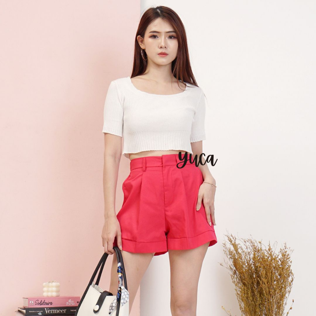 YUCA Celana Pendek Wanita Korea Hot Pants High Waist Bahan katun