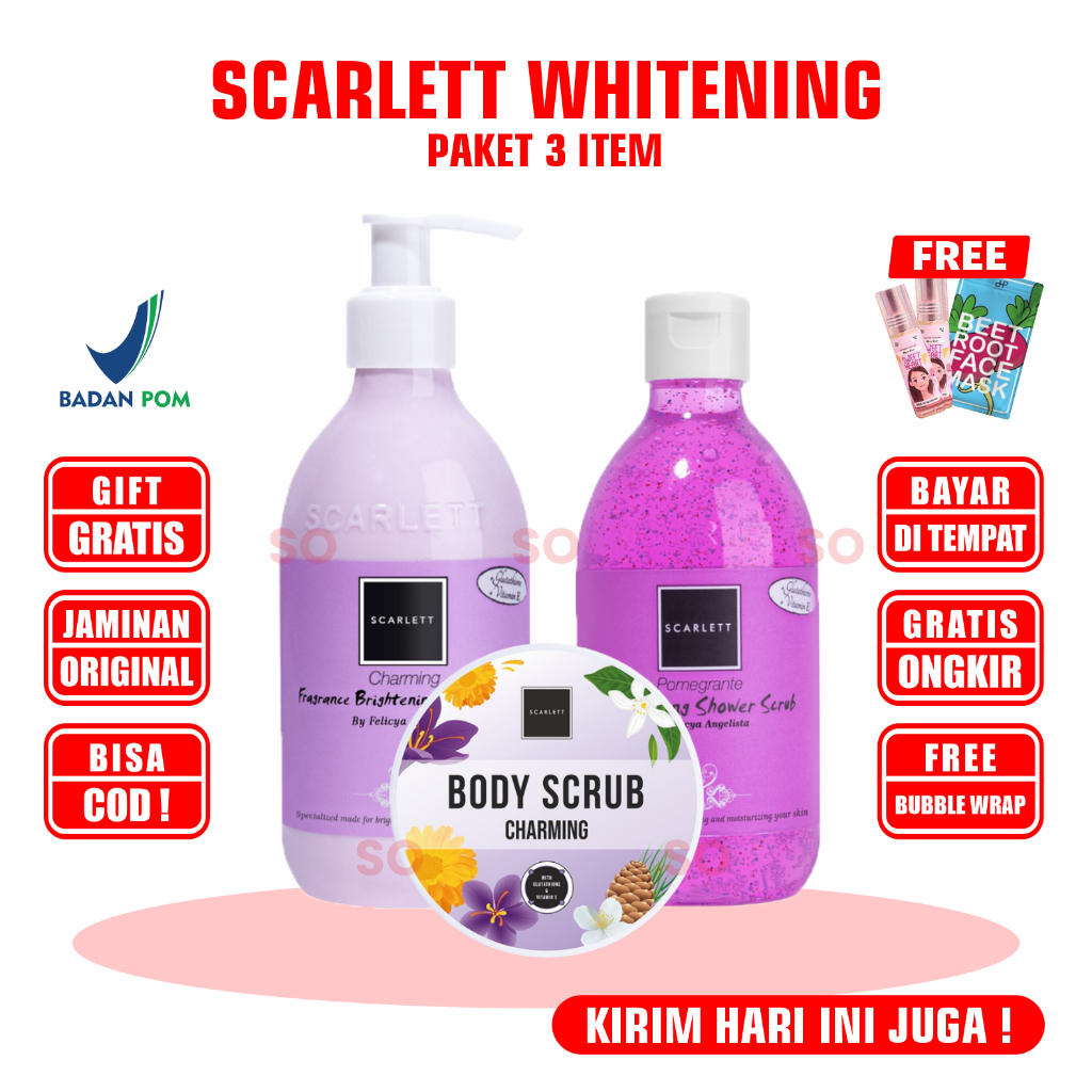 Scarlett Whitening Paket 3 Item [Free Bubblewrap] Original Resmi 1 Sepaket Body Lotion Scrub Serum T