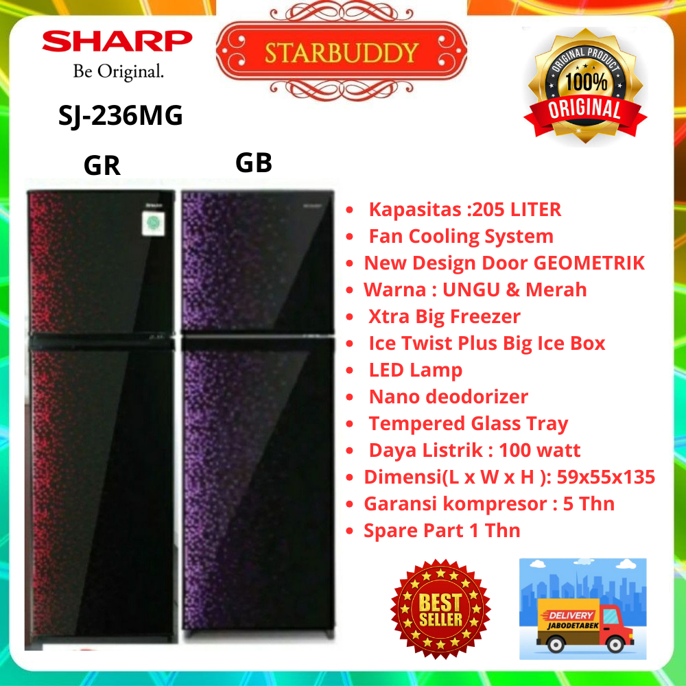 KULKAS SHARP SJ-236MG 2 PINTU SHINE MAGNEGLAS SERIES