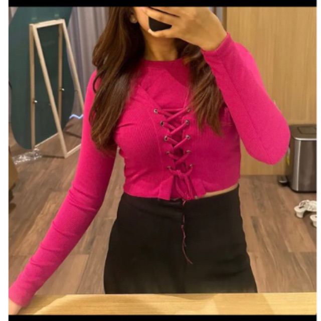 Crop Serut Bahan Rib Lengan Panjang/baju wanita kekinian/baju bahan nyaman/baju wanita tali serut