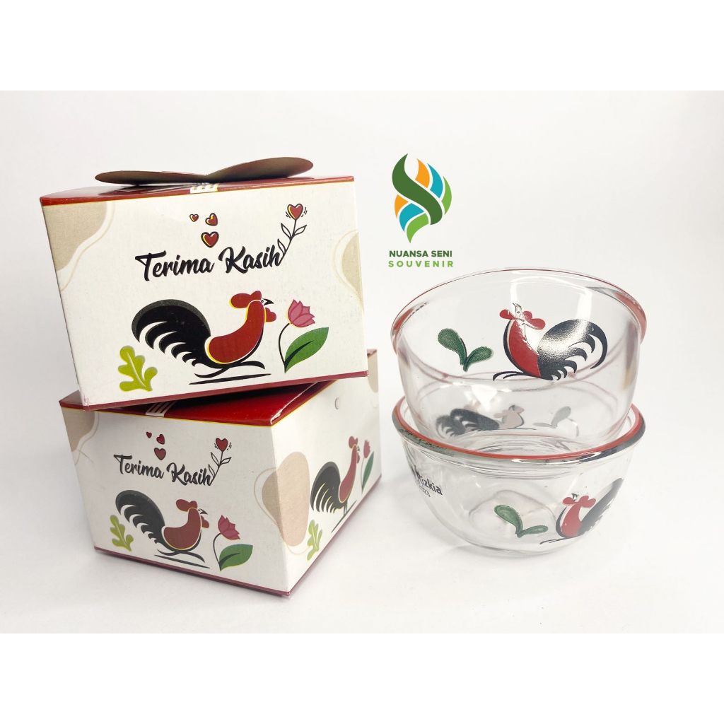 Souvenir Mangkok Sambal Kaca BIB3.75B Ayam Jago Bening Mangkuk Saos Beling Motif Estetik Kemas Paper