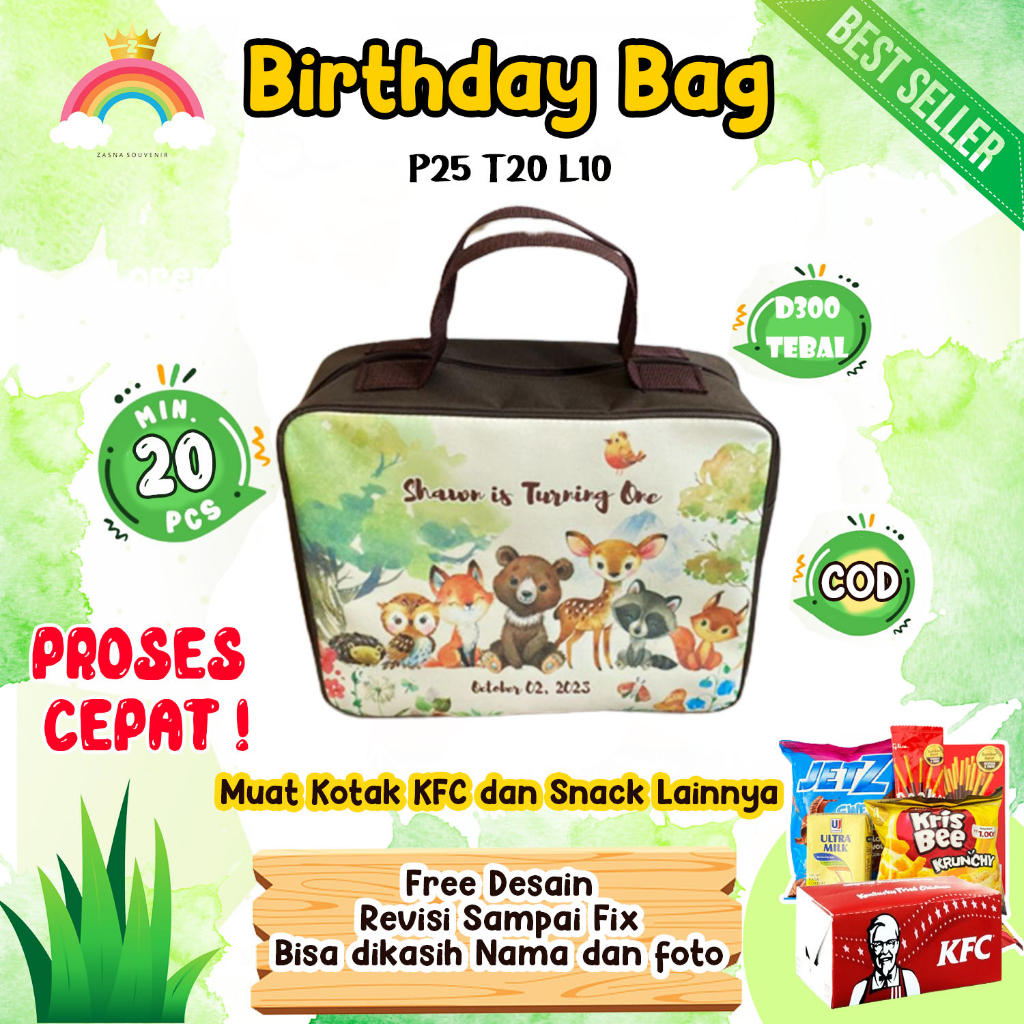 

TAS ULTAH CUSTOM NAMA/ TERLARIS/ BAHAN PREMIUM/MUAT KOTAK KFC/GOODIEBAG ULTAH ANAK/SOUVENIR ULTAH