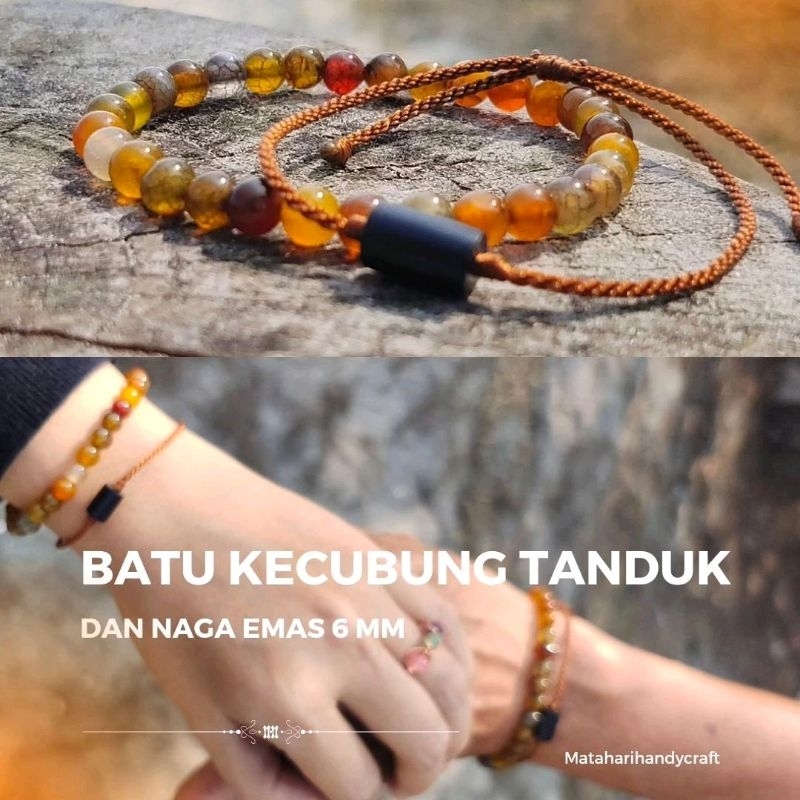 Gelang Tali Batu Kecubung Batu Tanduk Asli dan Batu Naga Emas Elastis 6 mm.