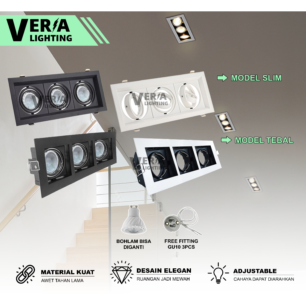 Lampu Sorot Plafon GU10 Spotlight LED 3 Mata Bohlam Bisa Diganti