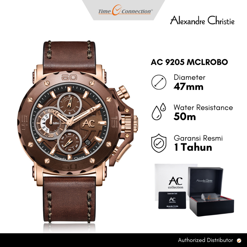 Alexandre Christie AC 9205 MCLROBO Brown Rosegold Original / Jam Tangan Pria Analog Kulit AC Collect