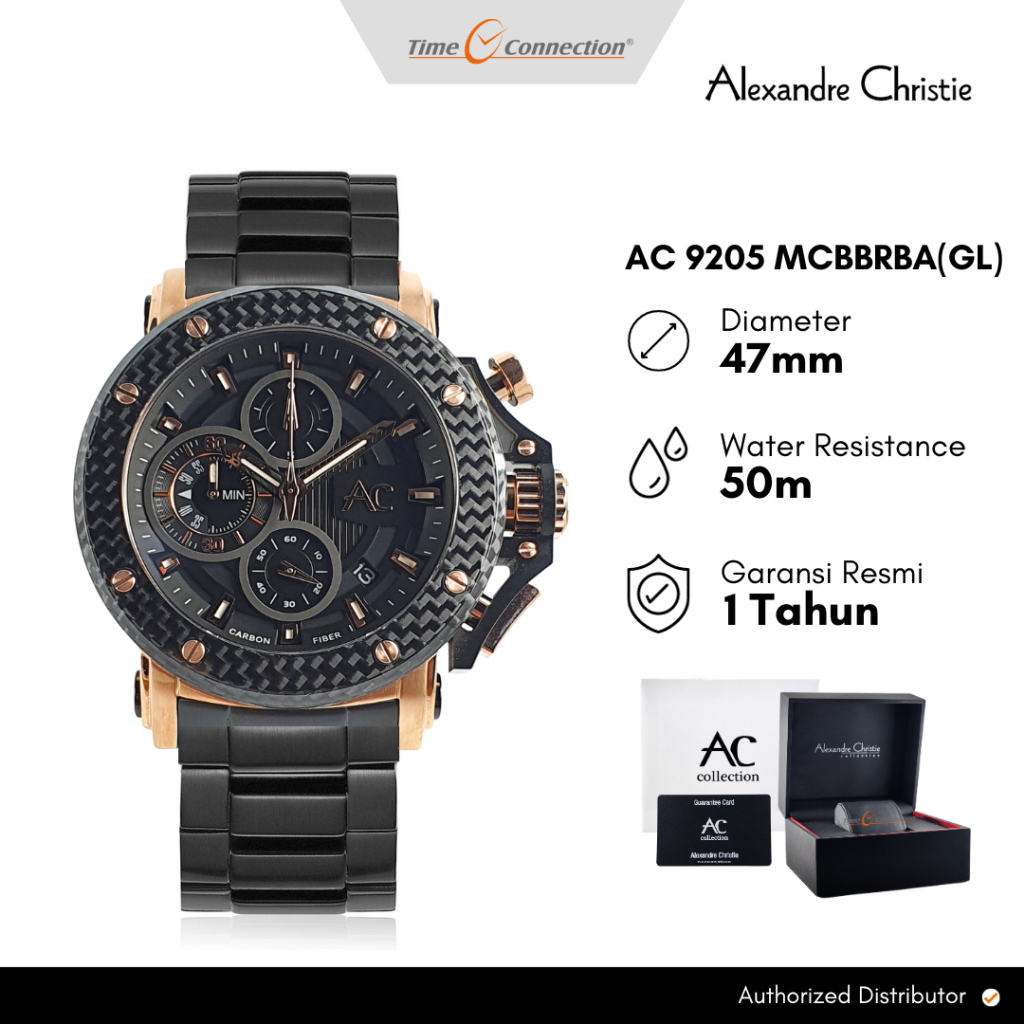 Alexandre Christie AC 9205 MCBBRBA(GL) Hitam Rosegold Carbon Original / Jam Tangan Pria Karbon Ranta