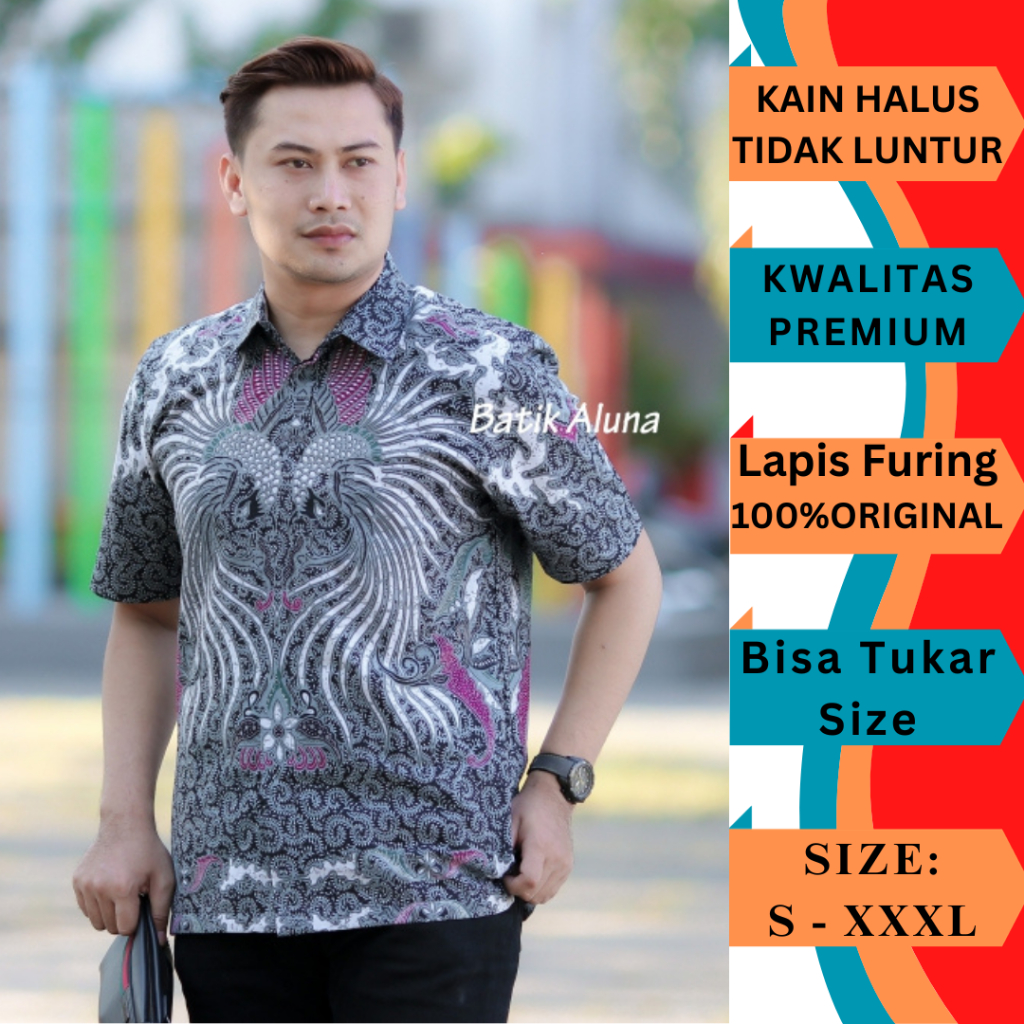 Batik Aluna PD001 Kemeja Batik Formal Pria lengan Pendek Katun Premium Modern Lapis Furing / Baju Ba