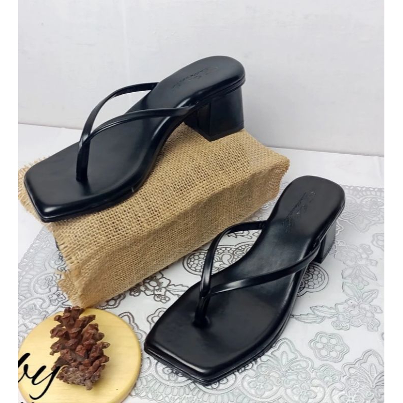 Sendal Wanita Heels Tali Jepit Hak 5cm heels tali gliter 3cm