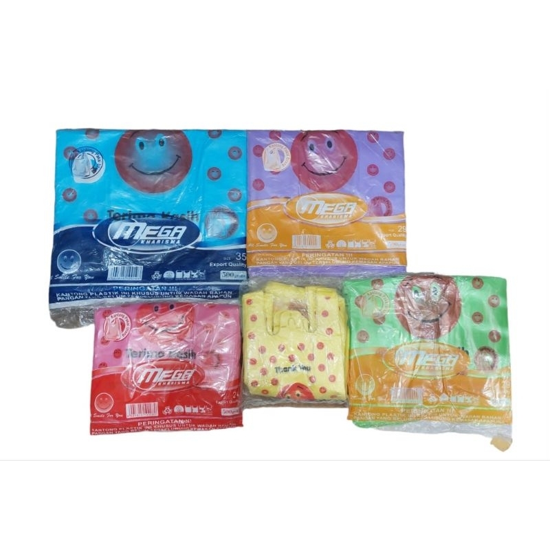 Kantong Plastik  Asoy Kresek Smile MEGA KHARISMA TerimaKasih WARNA HIJAU PINK KUNING BIRU