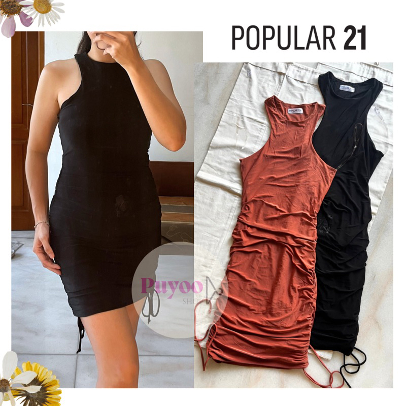 POPULAR 21 High Neck Bodycon Dress Aksen Samping | Midi Dress Serut Samping