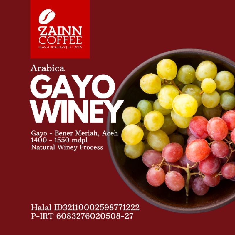 

Arabica Gayo Natural Fermentasi (Gayo Winey) Kopi Winey 200 gr roast by Zainn Coffee