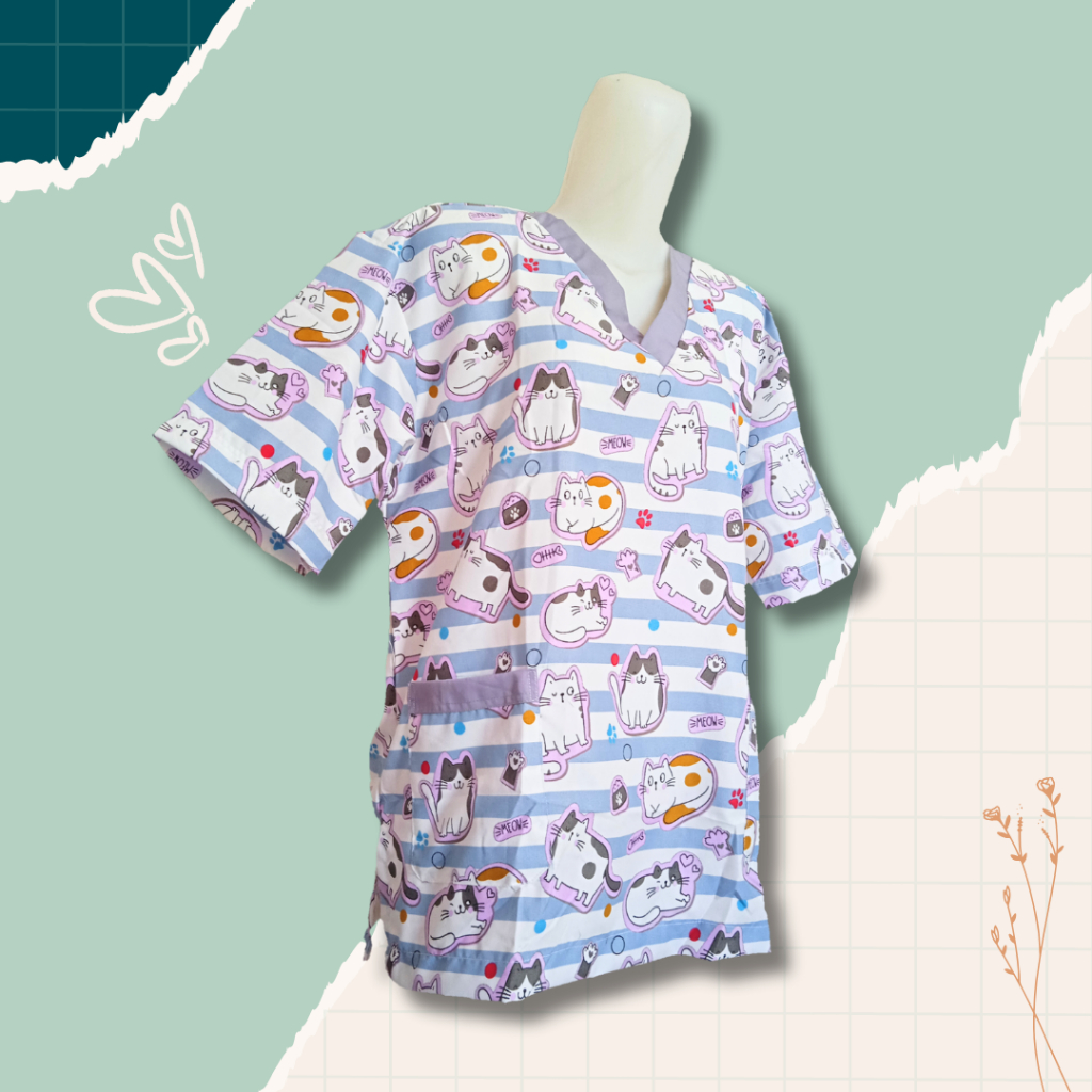 BAJU PRAKTEK DOKTER HEWAN WARNA NILA GARIS PUTIH MOTIF KUCING MEOWCAT VET SCRUB MOTIF KUCING MOTIF M