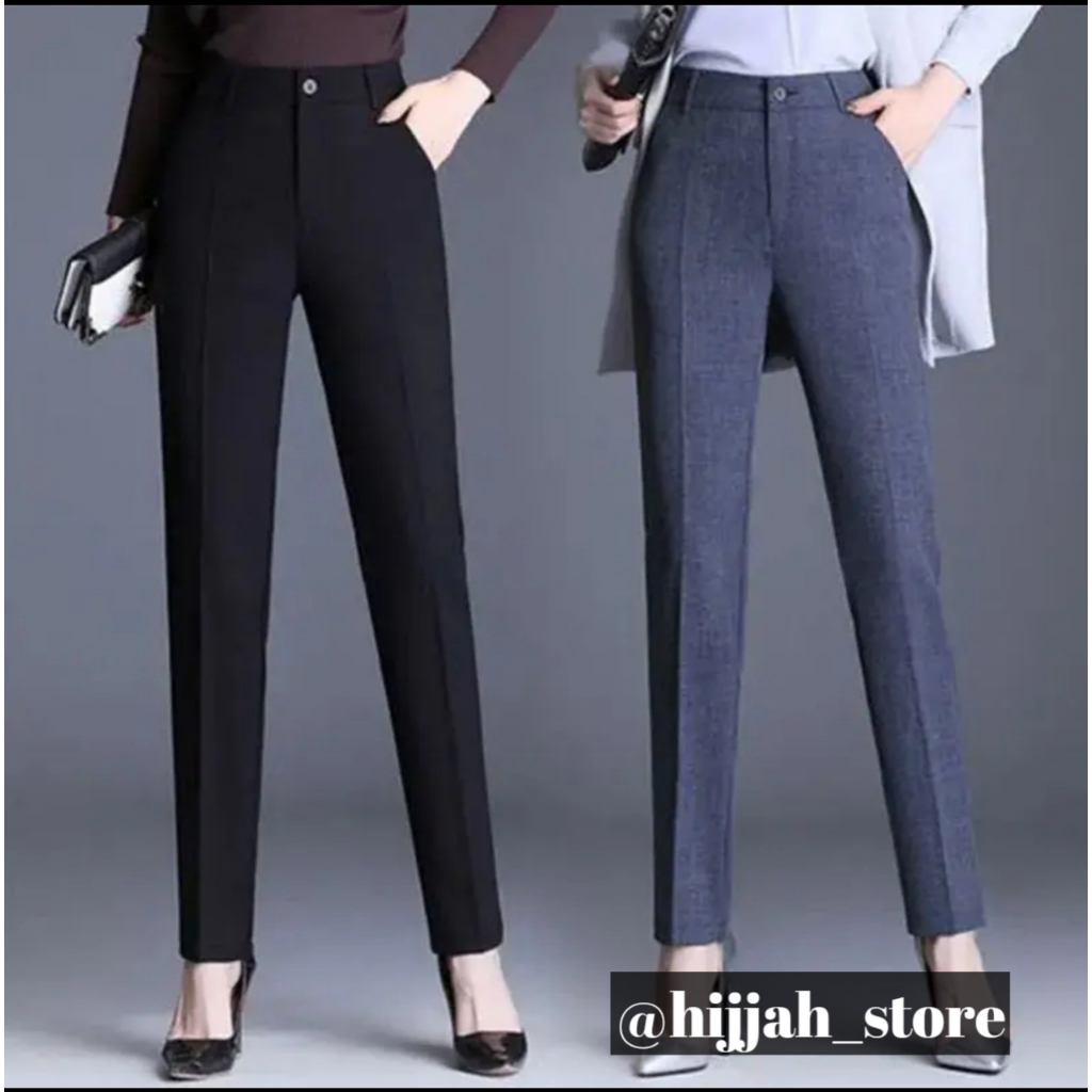 Celana Kerja Wanita Kantor Bahan Formal Pinggang Resleting Dan Karet Cutting Slimfit Panjang Nyaman 