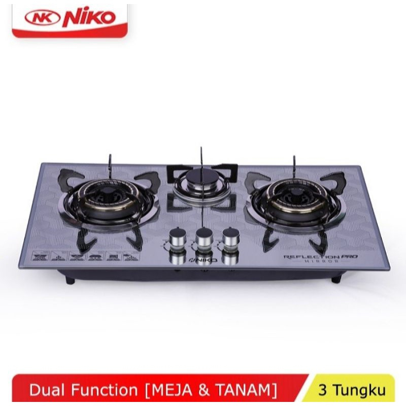 Kompor Tanam Niko / Kompor Gas Kaca Niko 3 Tungku Reflection Pro Mirror