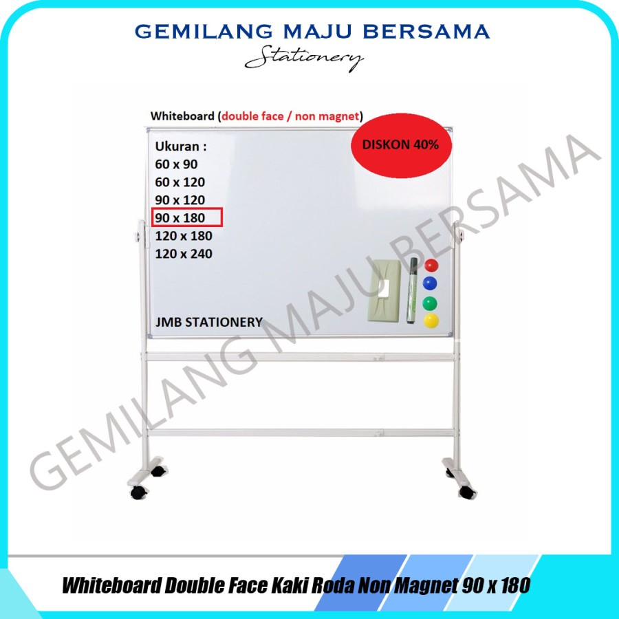 

Whiteboard / Papan Tulis + Kaki Roda 90 x 180 cm ( 2 Muka / Non Magnetic/ Magnetic)
