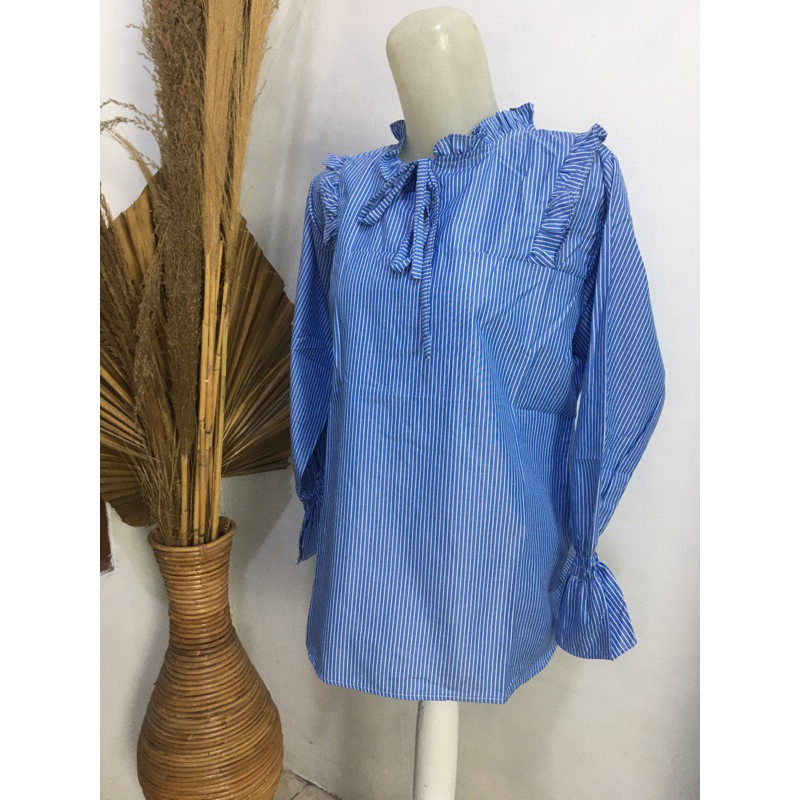 Atasa Wanita Blues Wanita Motif Salur Lengan kerut