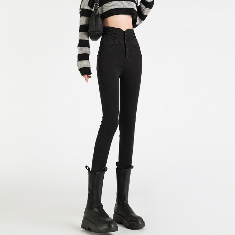 Yishi skinny jeans high waist premium import celana jeans hitam polos