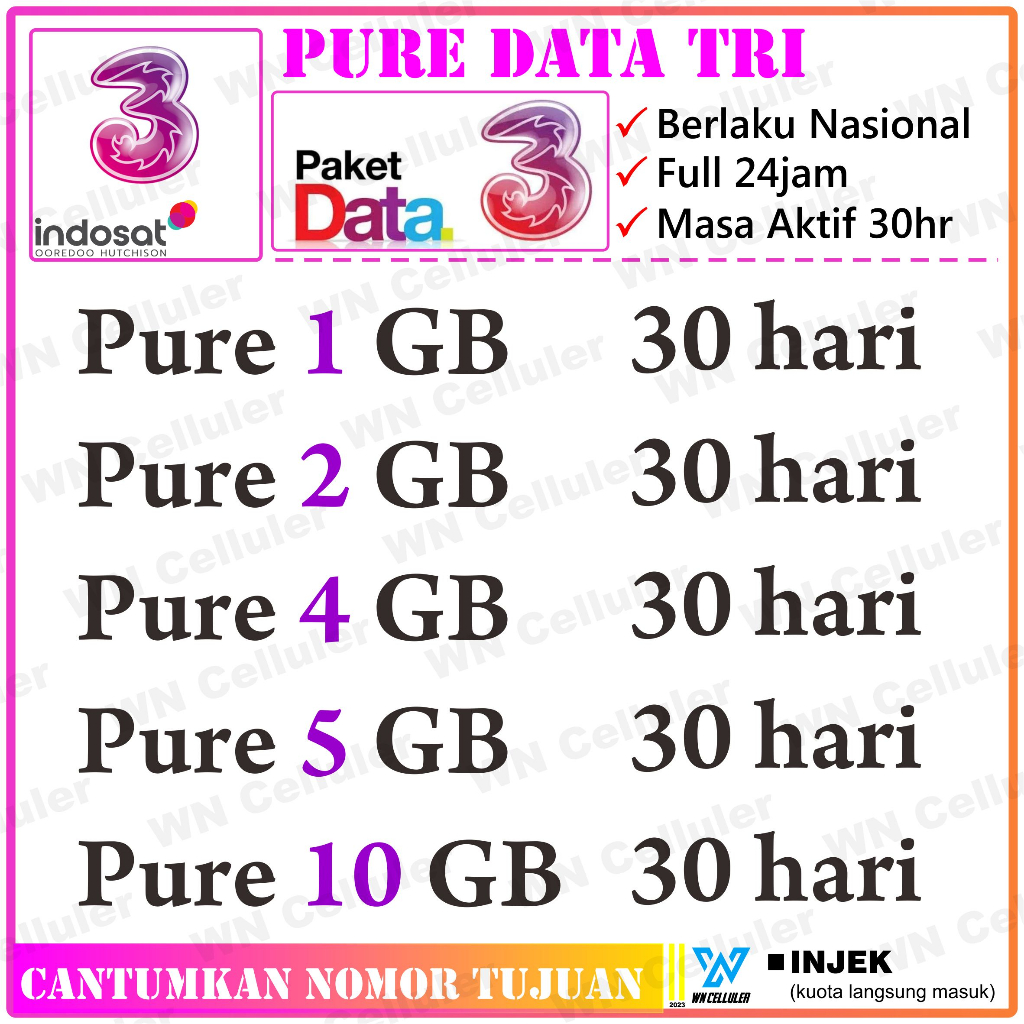 Inject Kuota Tri Pure 1GB 2GB 5GB 10GB / Paket Data Bulk Tri Full 24 Jam 30 Hari Nasional