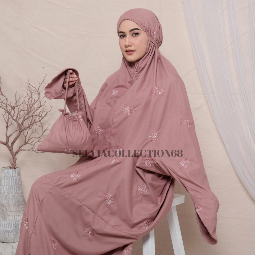 Mukena Terusan Dewasa Jumbo Bordir Bunga Melati 2in1 Katun Premium