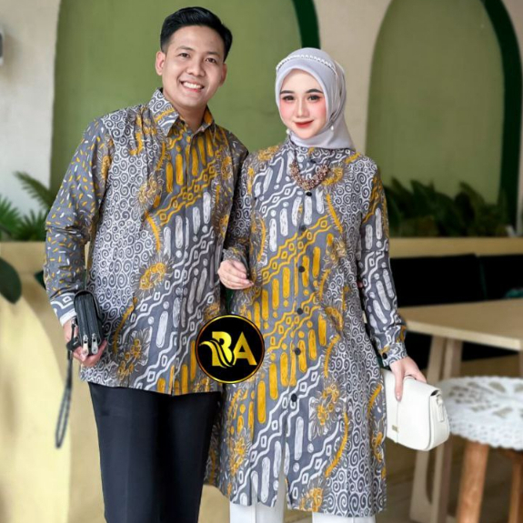 Baju Batik Seno Cap Tunik Kemeja Couple Sarimbit Printing Lengan Panjang Kuning Yellow M-XXXL Jumbo