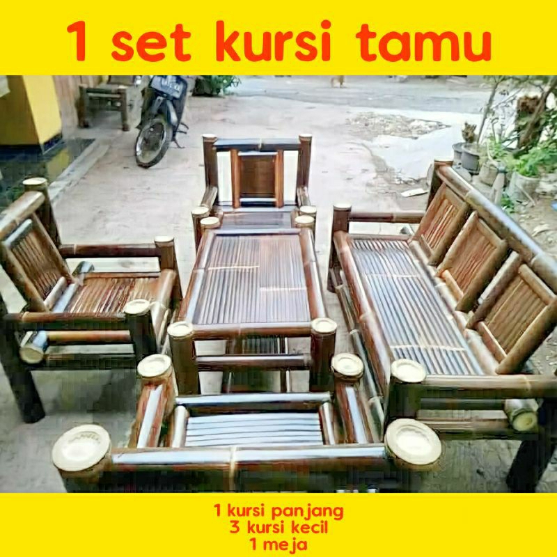 1 Set Kursi Ruang Tamu Kursi Bambu Hitam Panjang