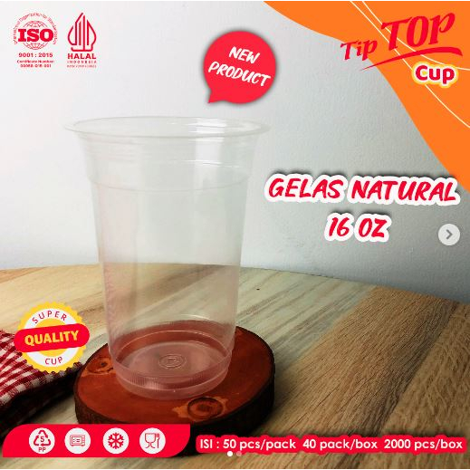 Gelas Plastik 16 oz / Cup Tiptop 10oz / Gelas Plastik Datar Gelas Natural 50 pcs (tanpa tutup)