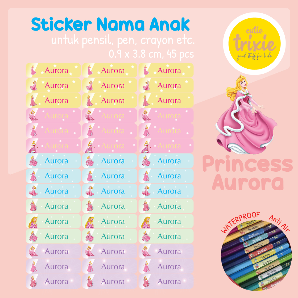 

Sticker label nama anak untuk pensil pen crayon Aurora