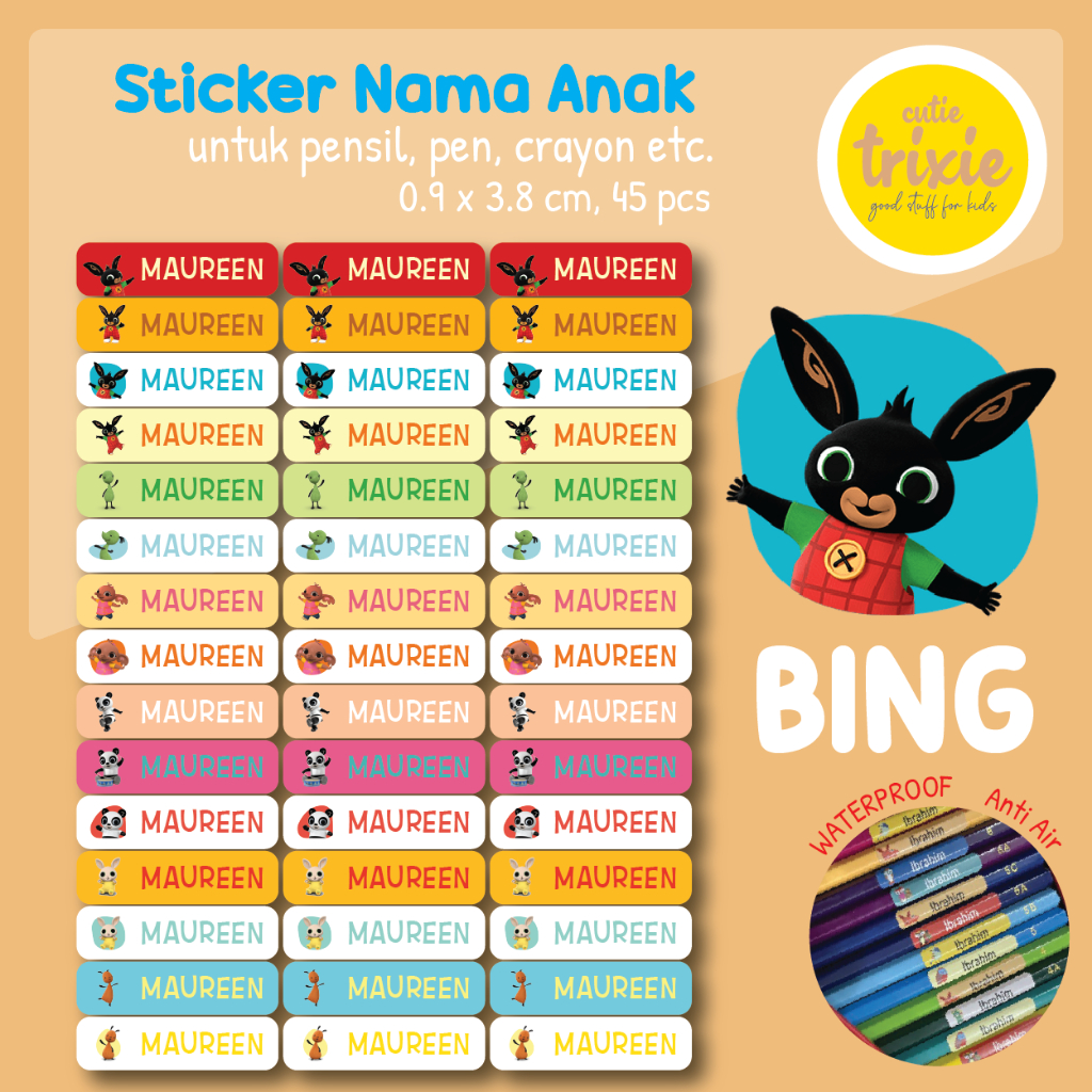 

Sticker label nama anak untuk pensil pen crayon Bing