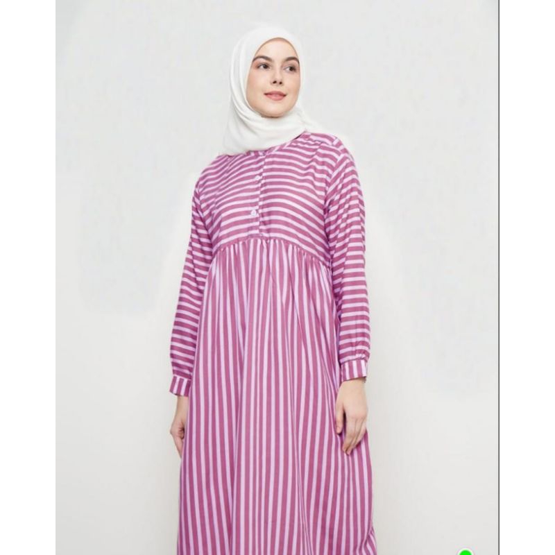 Tunik Midi Dress  Garis Wanita Muslim Jumbo Busui Motif Salur