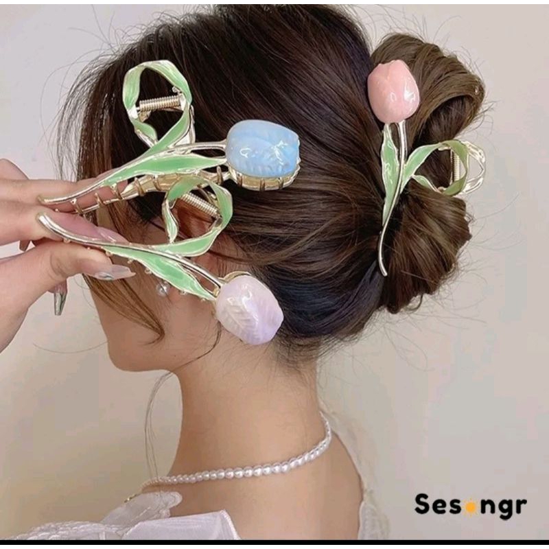 Jepit Rambut Korea bunga Tulip Jedai Bunga Bahan Logam