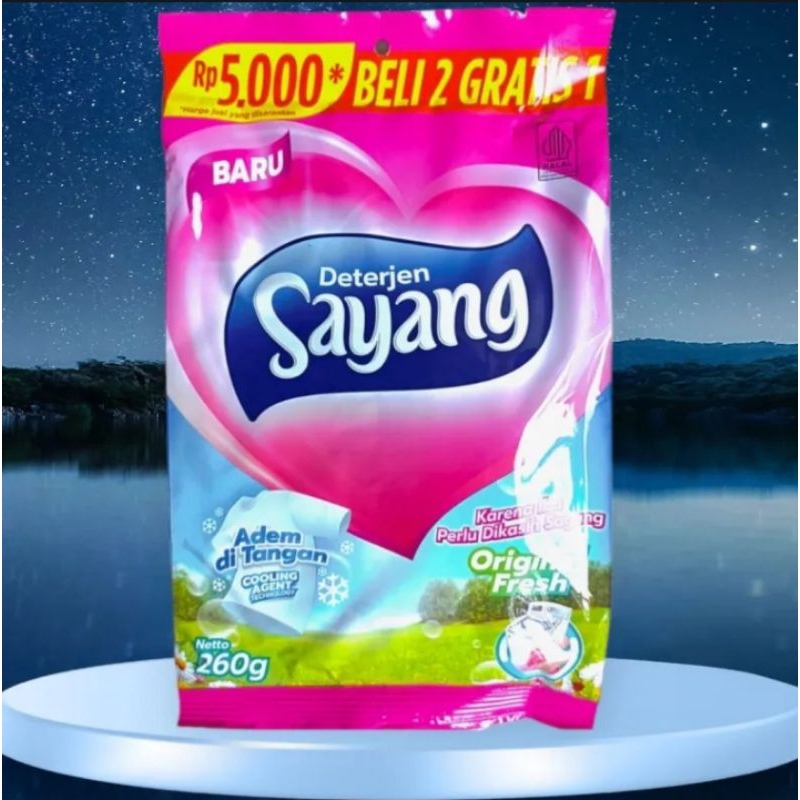 DETERGENT BUBUK SAYANG 260gr KEMASAN 5000 dan 6sachet soklin liquid 22ml dan daia bubuk 26g 1 rencen