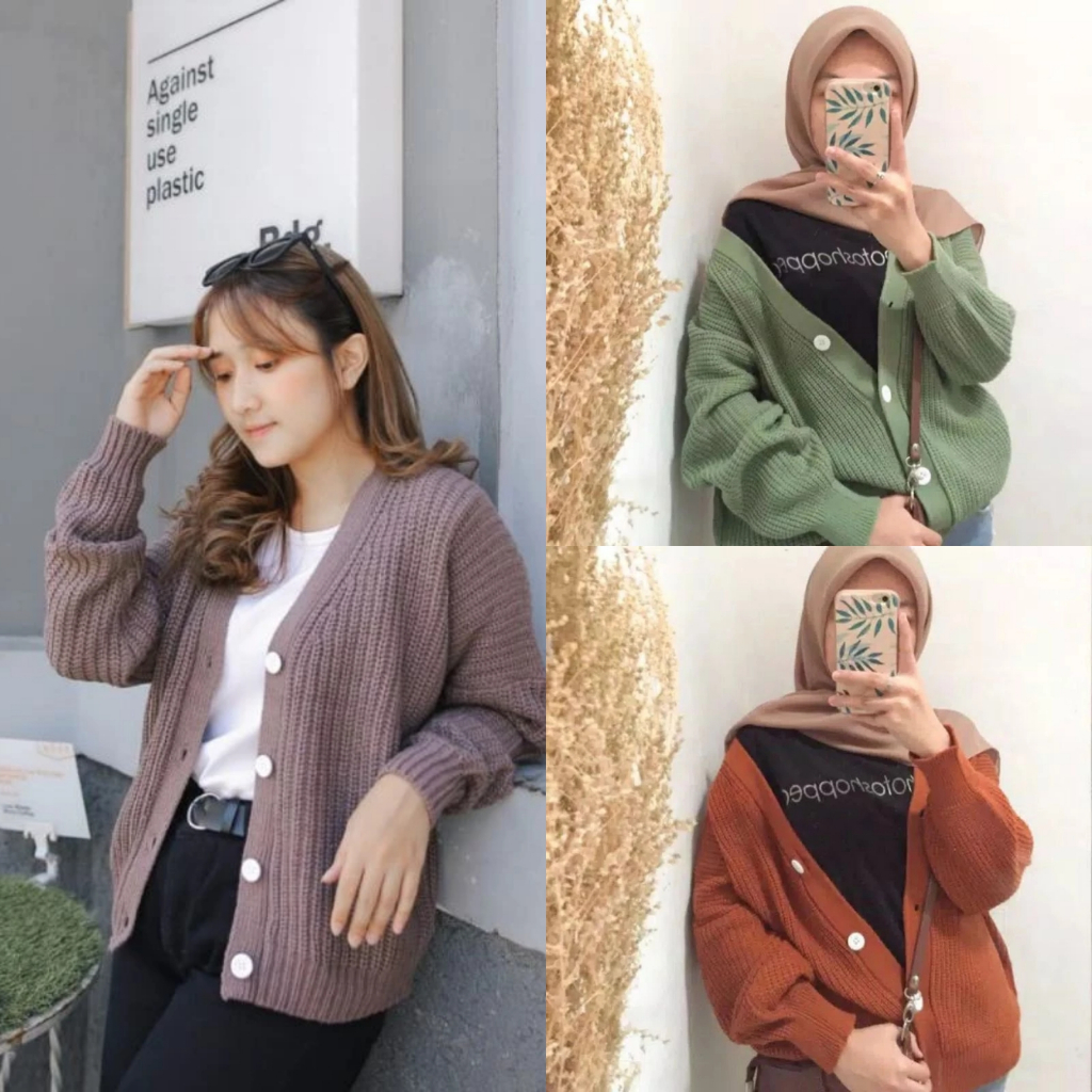 Baju Cardigan Outer Salur Rajut Hitam Polos V Neck Oversize Kancing Depan Auther Vintage Denim Lilac