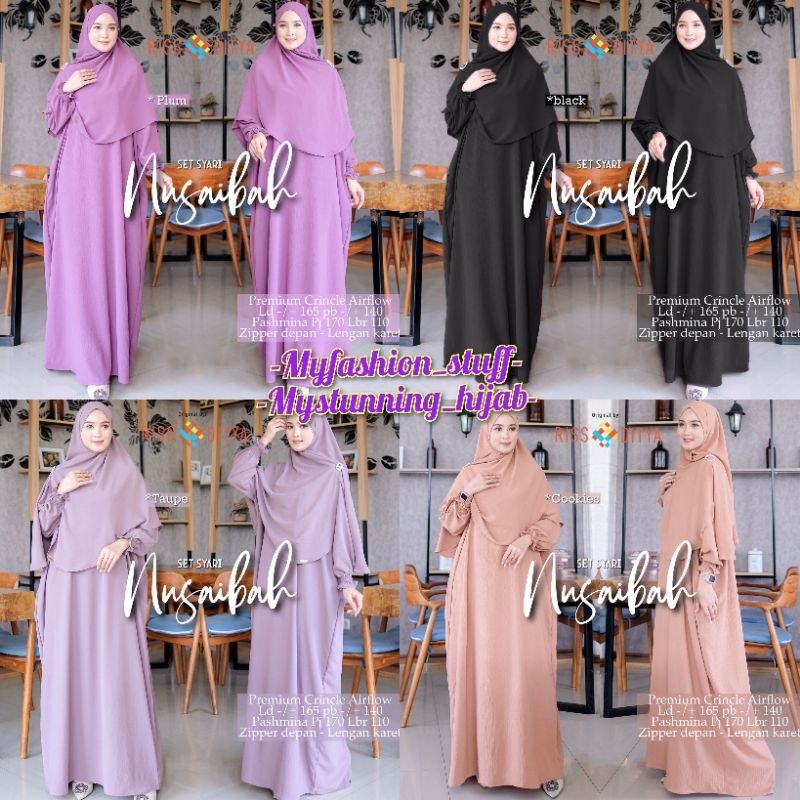 NUSAIBAH SET SYARI by Rissaditya Hijab RSD | Gamis Syar'i Busui Zipper Depan Bahan Crincle Airflow L