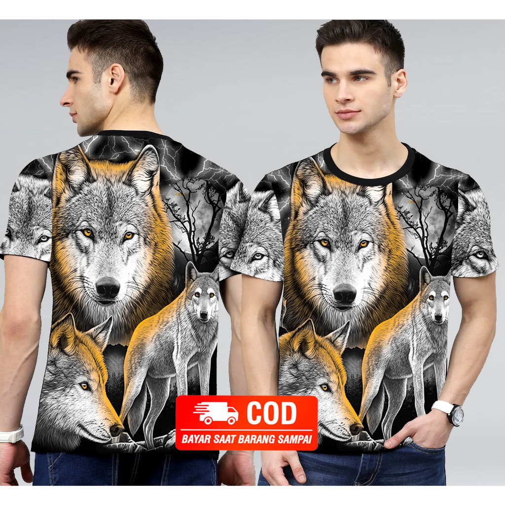 Kaos Distro Cowok Motif Serigala Depan Belakang ada Sablon Untuk Pria Dewasa