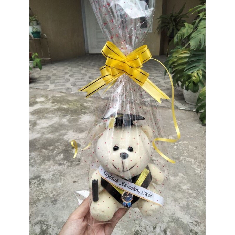 Boneka Hadiah Wisuda/Sidang Skripsi dengan Selempang Nama (kemasan plastik mika parcel)