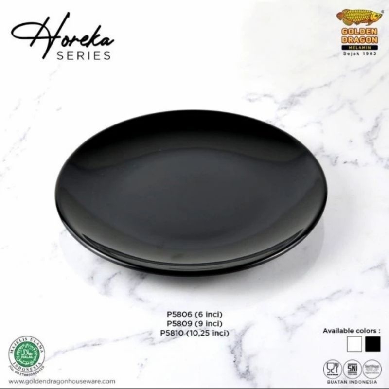 Piring Uk Standard Makan Bulat Hitam Putih Melamin Porselen Glossy 9"