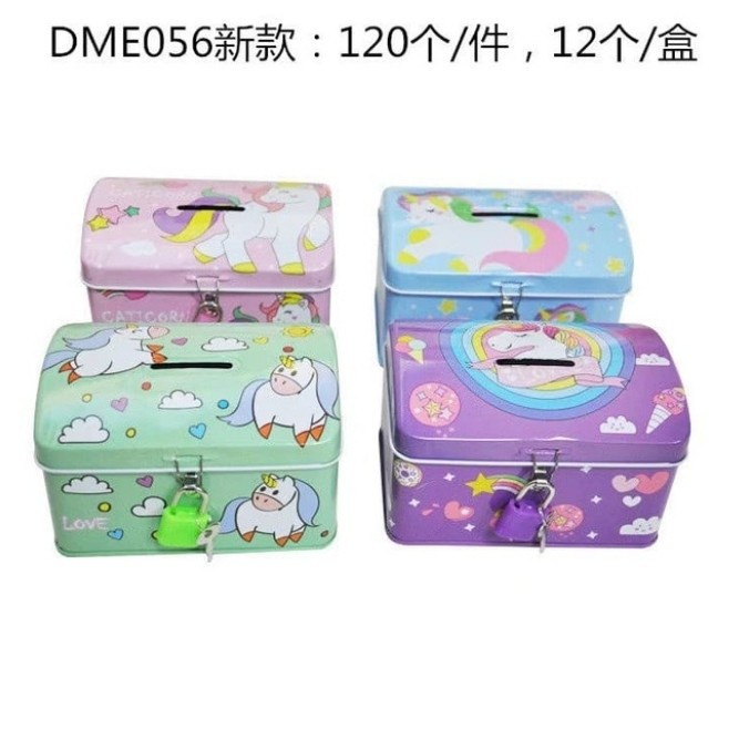 Cl Celengan Kaleng Kunci Saving Box Tempat Penyimpanan Uang Motif Unicorn Celengan Gembok Mini Anak