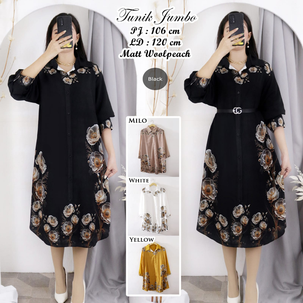 Kemeja Tunik Jumbo Bunga Putih Import #TK197