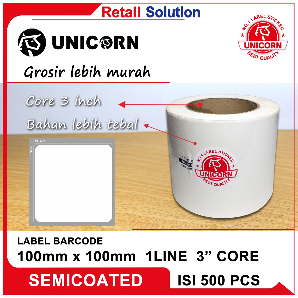 

Stiker Label Barcode Semicoat 100x100 mm / 100 x 100 mm / 10x10 cm Core 3